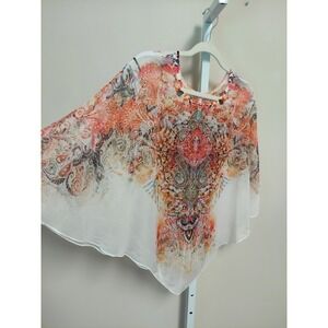 Womens Sheer Paisley Rhinestone Handkerchief Hem Poncho‎ Blouse Sheer Boho